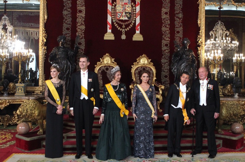 King Juan Carlos, Queen Sofia, Prince Felipe and Princess Letizia host Mexican President Enrique Peña Nieto and his wife for a state dinner at the Royal Palace in Madrid.
